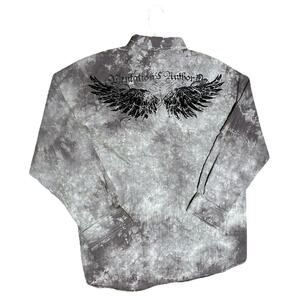 Eighty Eight Y2K Mens XXL Button Up Affliction Style Gray Tye Die Cross Wings